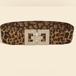 Leopard faux suede Print, waistband elastic Belt with Rhinestone Buckle .
